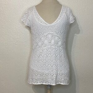 Vintage Y2K AXCESS Liz Claiborne White Crochet Knit V Neck Babydoll Top S/M